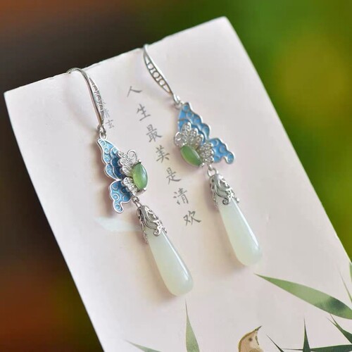 蝴蝶流苏耳坠古风中国风水滴耳环新中式复古珐琅彩蝴耳饰银色上新