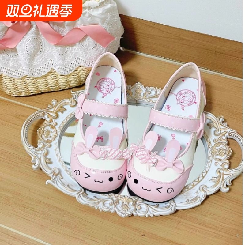 lo鞋平底单鞋女甜美可爱粉色现货蝴蝶结大头小猫jk制服鞋子