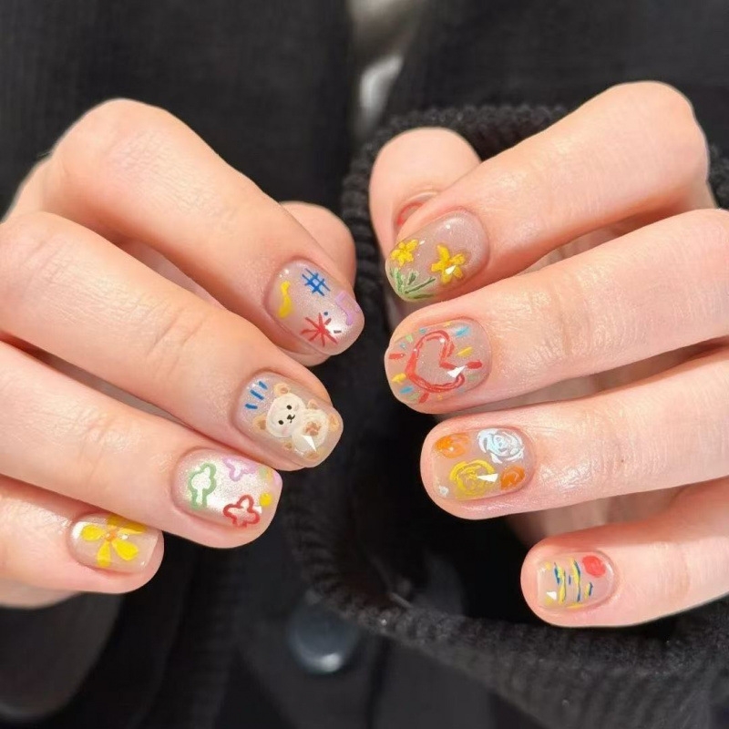 彩绘玻璃珠手工穿戴甲童趣短甲美甲贴片假指甲小红书爆款学生