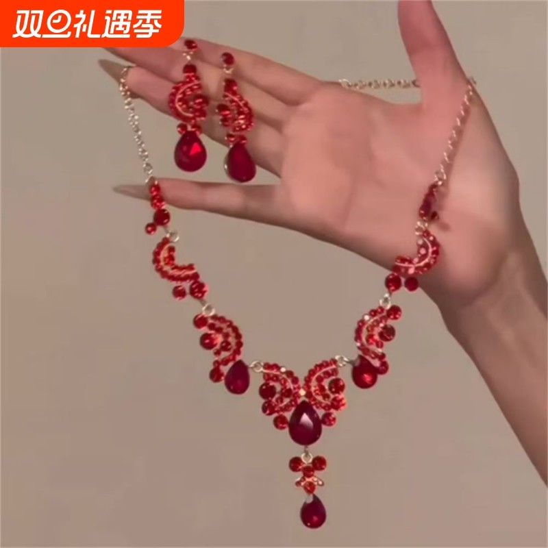zoozmomo欧美重工满钻红色水滴锆石项链套装夸张轻奢高级感锁
