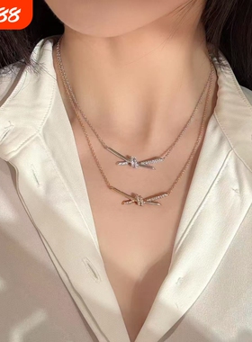 高定无压力顶级品质镶钻绳结项链女交叉蝴蝶结锁骨链女925银玫