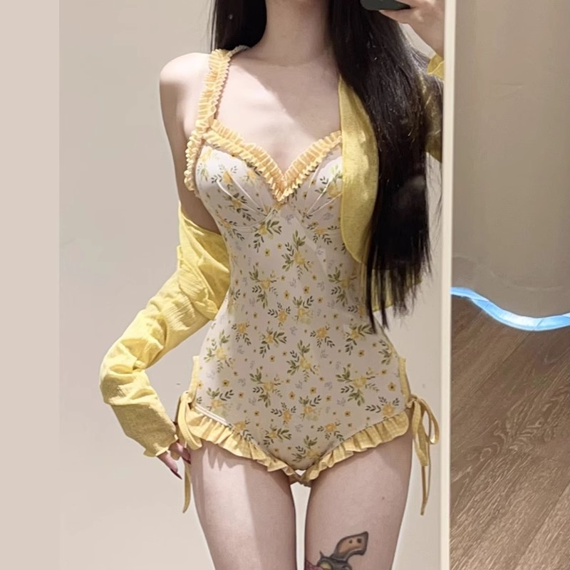 韩国ins网红纯欲风性感钢托聚拢碎花罩衫连体泳衣温泉泳装两件套