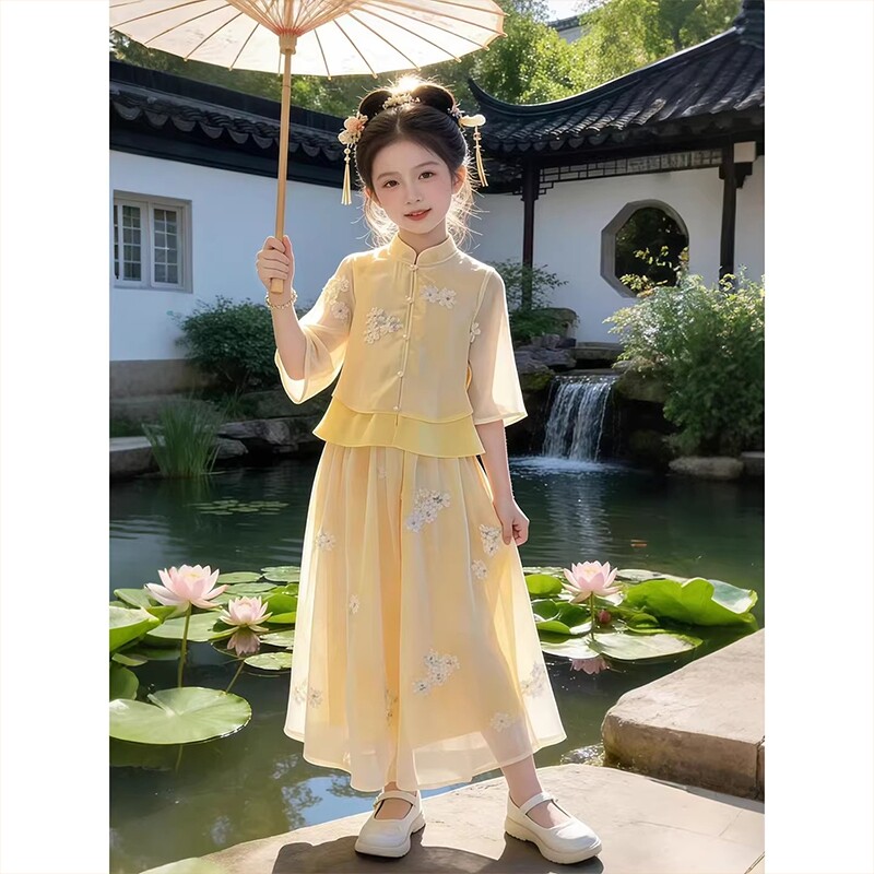 女童套装春夏款2026新款洋气女大童新中式唐装儿童国风汉服两件套