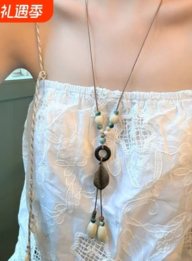 梧桐琥珀 新中式长款禅意风树叶吊坠项链波西米亚民族风挂脖配饰