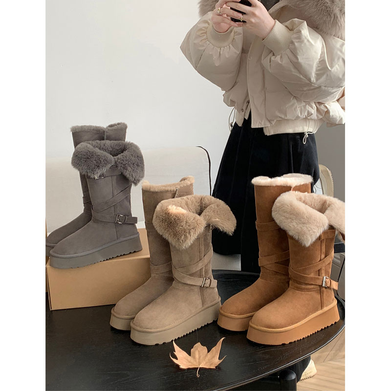 厚底加绒保暖高筒长筒鞋加厚雪地靴女2025新款冬季棉鞋灰色内增高