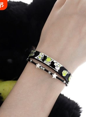 敲可爱!黑猫青苹果手链新款原创小众设计甜酷皮革手环手镯