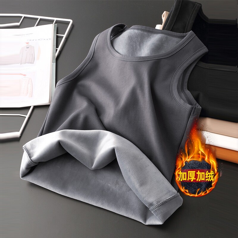 加绒加厚保暖背心男士春秋冬季坎肩无袖T恤马夹内穿紧身打底马甲
