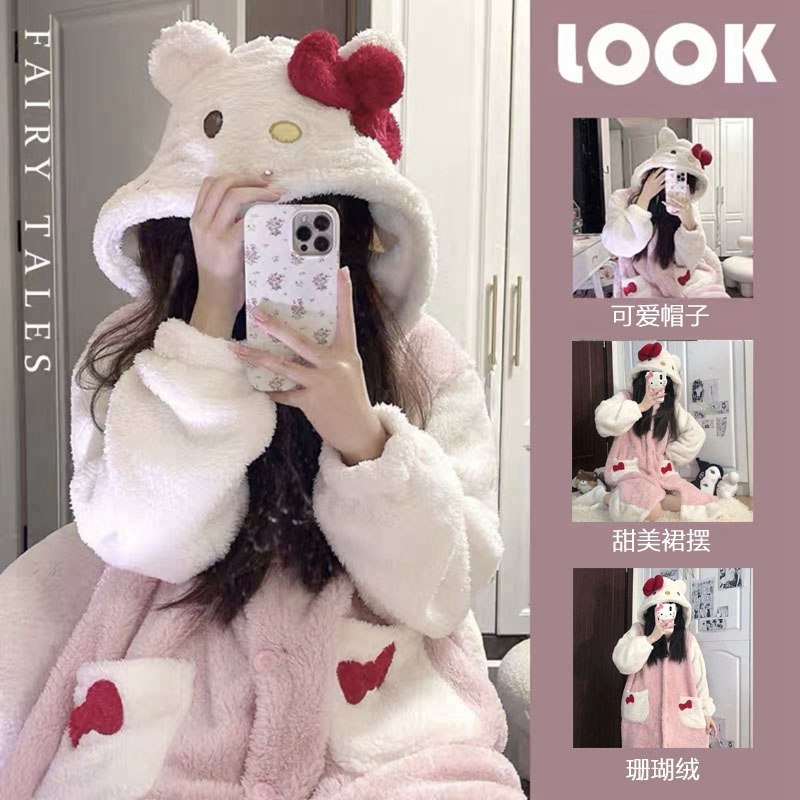 珊瑚绒睡衣女款2025新款秋冬季加绒加厚长超火猫咪睡袍睡裙家居服