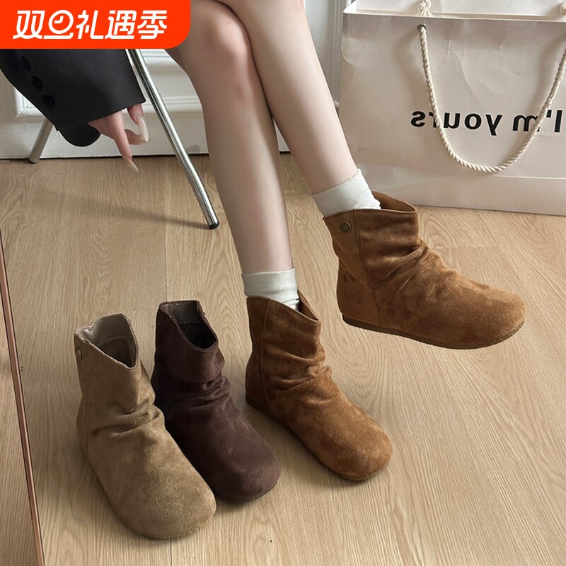 内增高短靴女款2025秋冬新款显瘦堆堆靴百搭美拉德勃肯鞋棕色气质