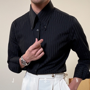 2026春夏英伦商务暗纹高定衬衫男韩版修身尖领长袖衬衣潮黑色条纹