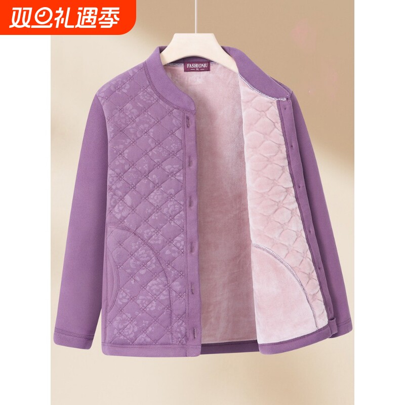 中年妈妈装加绒外套女装内搭开衫保暖加厚上衣中老年人打底小棉袄