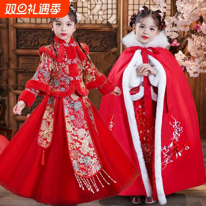 女童冬季连衣裙2025新款国风儿童加绒裙子女孩古风唐装拜年服红色