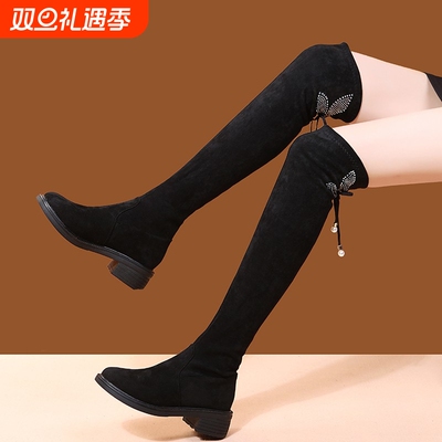 瘦腿长筒靴圆头欧美蝴蝶结过膝