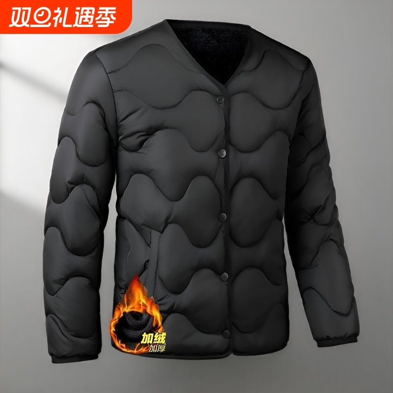 2025新款男式圆领轻薄羽绒棉服内胆加绒加厚棉袄外套上衣内搭黑色