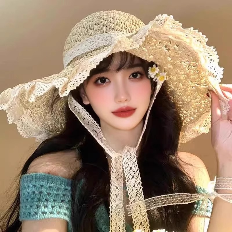 蕾丝花边飘带草帽女夏季法式海边度假沙滩遮阳防晒大帽檐太阳帽子