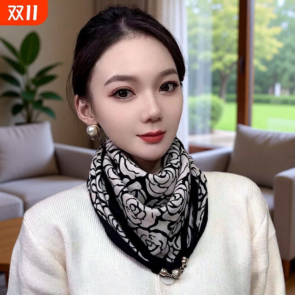 秋冬保暖围脖围巾女2025新款高级感三角巾时尚磁吸扣小方巾丝巾女