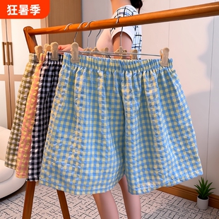 遛弯神裤格子睡裤女夏薄款居家懒人裤直筒休闲阔腿裤外穿居家短裤