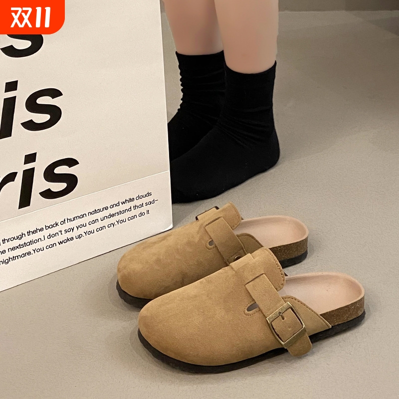 韩版包头半拖鞋圆头厚底勃肯鞋2025新款外穿懒人百搭纯色毛毛鞋子