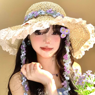 甜美可爱碎花防晒帽可折叠太阳帽子大帽檐 度假风遮阳草帽女夏季
