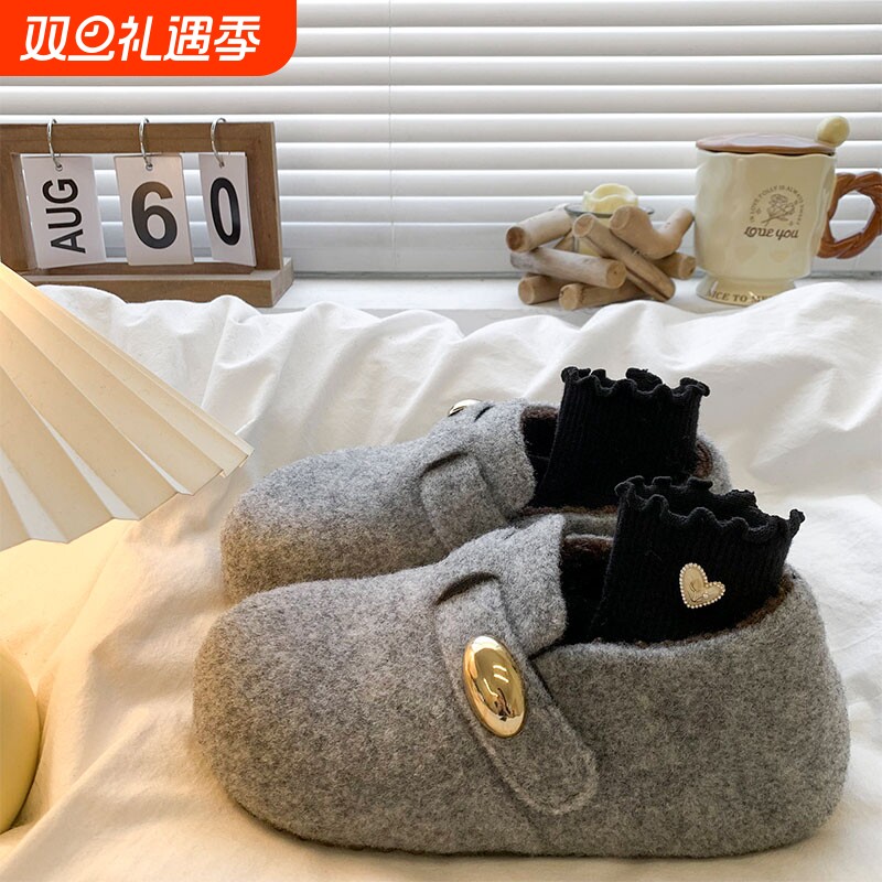 内增高厚底灰色毛呢勃肯鞋女2025秋冬新款加绒保暖棉鞋雪地靴毛绒