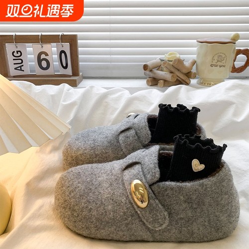 内增高厚底灰色毛呢勃肯鞋女2025秋冬新款加绒保暖棉鞋雪地靴毛绒