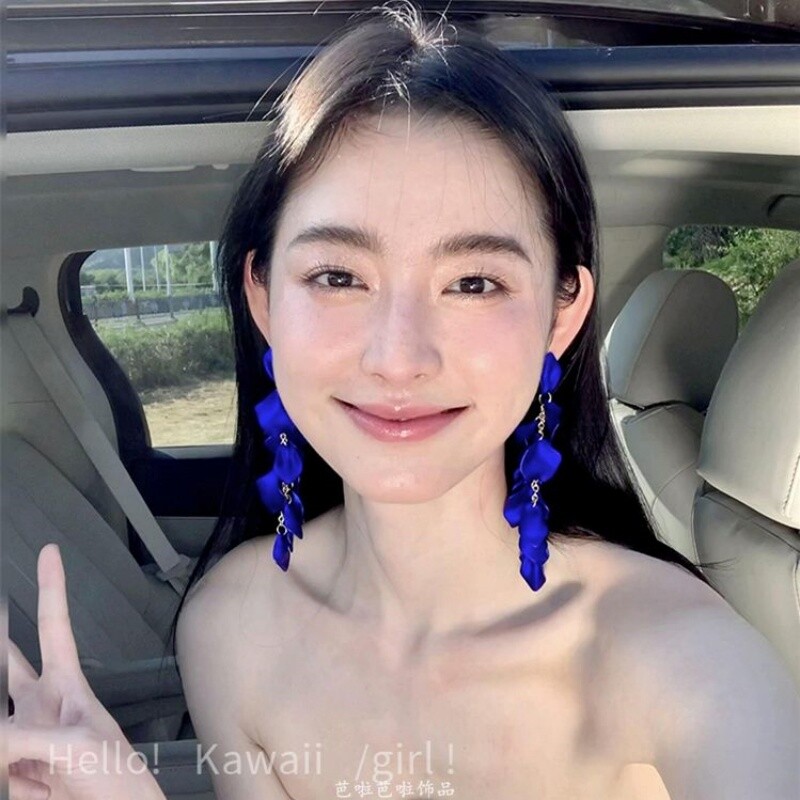 复古深蓝花瓣流苏耳环女耳夹克莱因蓝氛围感长款耳饰清冷夸张耳钉图片