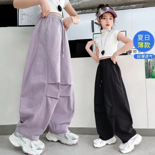 女童夏季裤子女弯刀裤儿童速干防蚊裤女孩长裤潮黑色轻薄休闲夏日