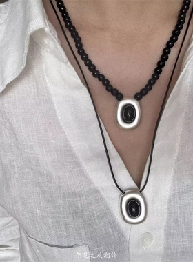新中式经典黑色串珠银色几何吊坠项链生生不息锁骨链百搭长款钛钢