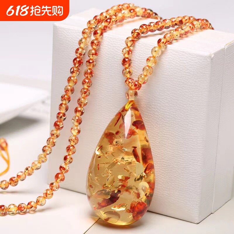 金珀利花珀水滴吊坠毛衣链仿蜜蜡花琥珀项链二代琥珀毛衣链坠手镯