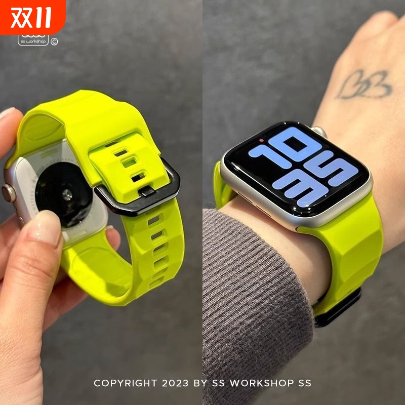 适用小米手环9pro表带8Pro新款夏天荧光绿波浪纹运动硅胶腕带红米手表4/5代男女vivowatchgt高级感防水透气