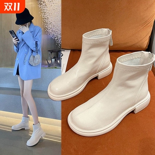短靴女2025新款 马丁靴春秋单靴米白色切尔西瘦瘦靴裸靴黑色 法式