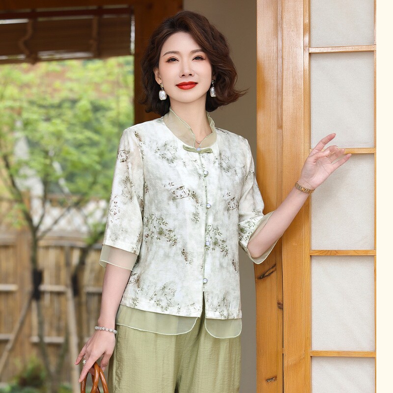妈妈装夏装新中式国风上衣裤子两件套洋气中老年女装宽松小衫套装
