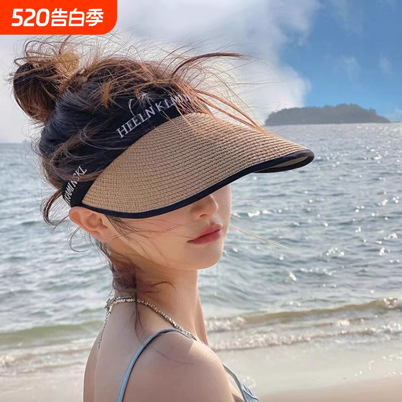 防晒鸭舌帽女空顶UV夏季防紫外线沙滩遮阳草帽骑车太阳帽可折叠