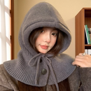 巴拉克帽子女秋冬保暖针织毛线围巾一体连帽围脖冬季 红色防风护耳