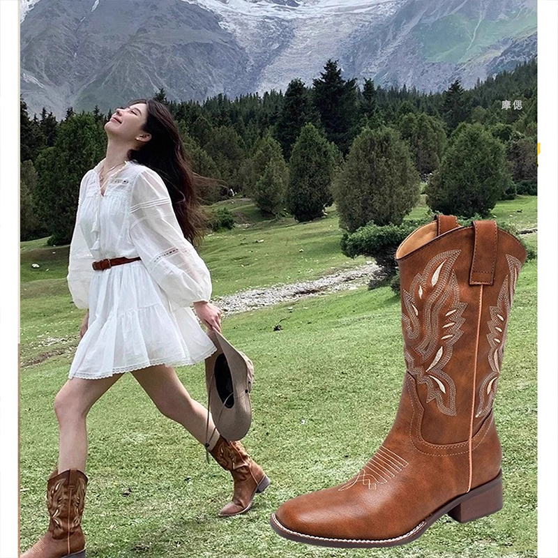 棕色西部牛仔美新疆草原骑士靴马丁靴子女夏2025新款中筒短靴鞋子