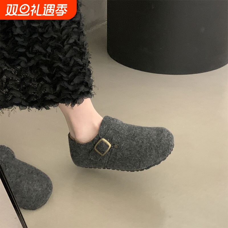 厚底灰色全包勃肯鞋女棉鞋2025新款秋冬加绒保暖一脚蹬孕妇豆豆鞋