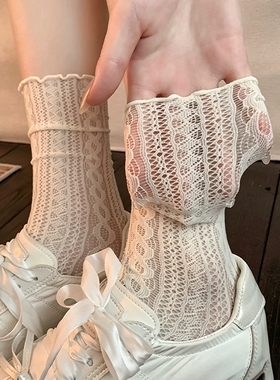 miu系蕾丝袜子女中筒袜夏季薄款白色堆堆袜芭蕾风长筒袜配小皮鞋