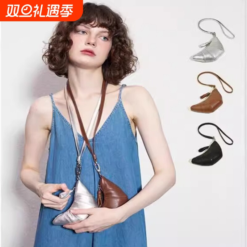 复古真软皮设计羊皮质感迷你牛角包新款精致挂绳mini小众零钱包