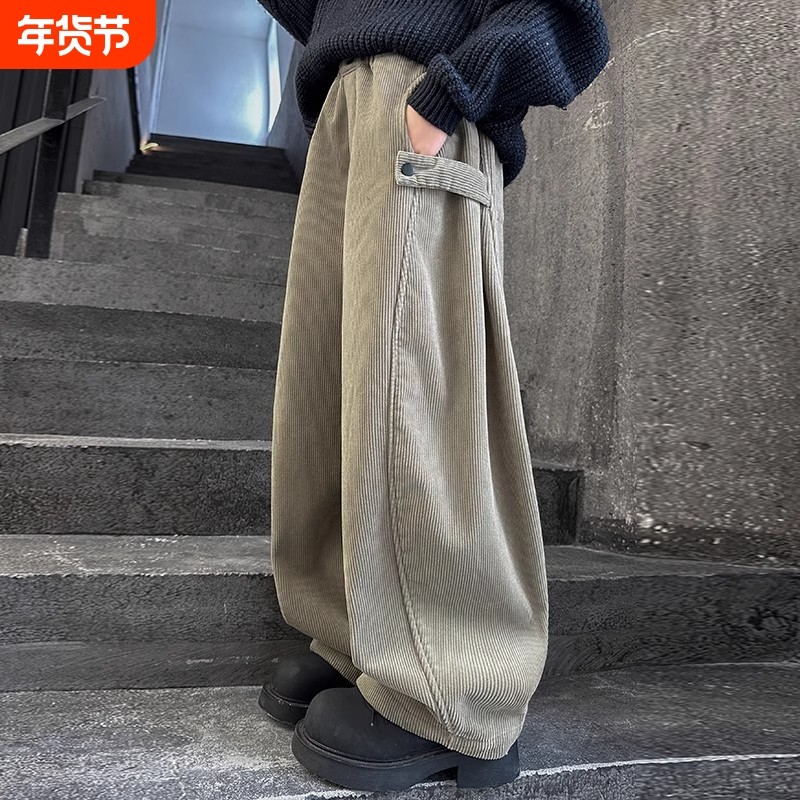 女童加绒裤子秋冬装2025灯芯绒弯刀裤儿童老爹裤潮红色牛仔外穿