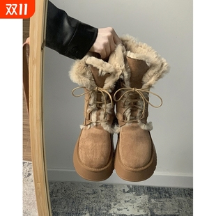 防水中筒 厚底加绒加厚棉鞋 复古皮毛一体保暖雪地靴女2024冬季 新款