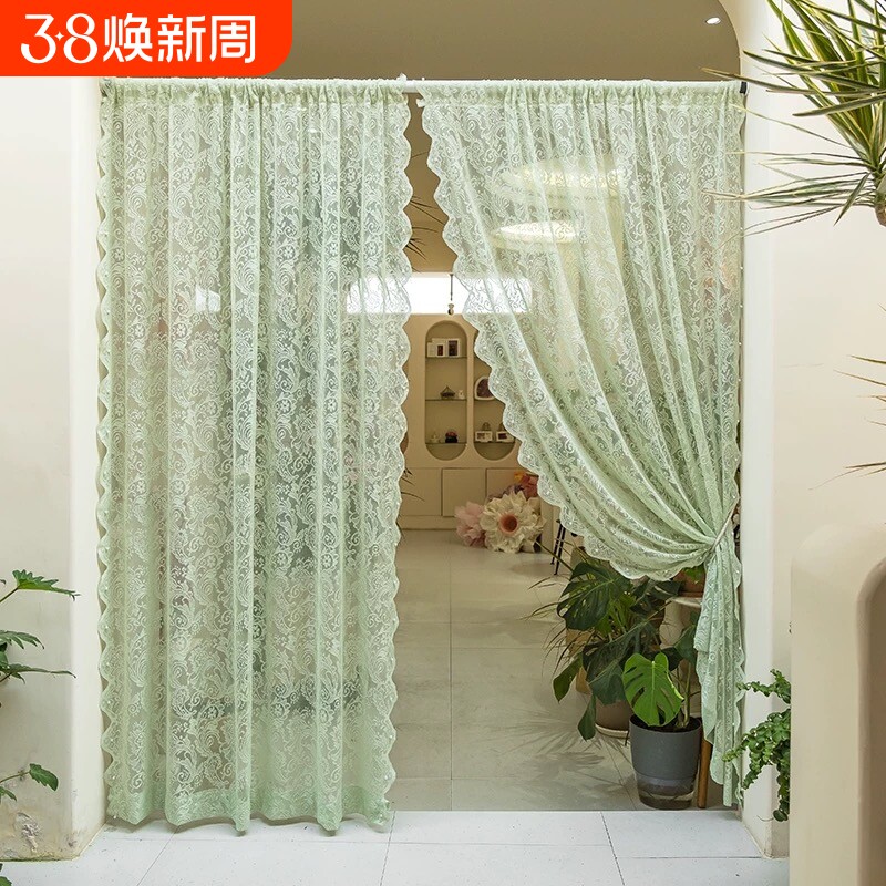 免打孔魔术贴窗帘白色纱帘蕾丝绣花纱韩式卧室飘窗隔断法式遮光