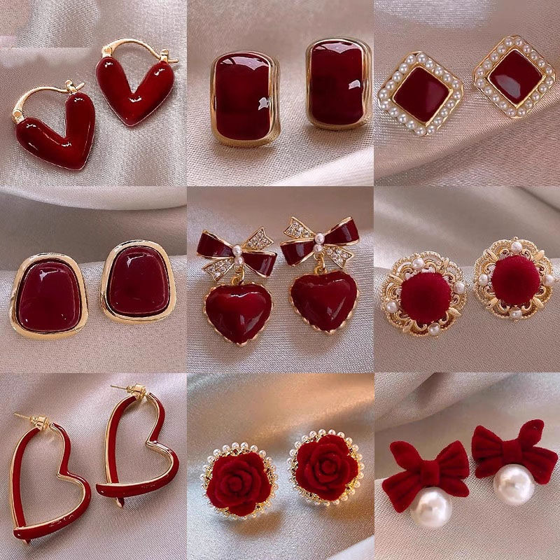 酒红色滴釉耳环女2025年新款潮气质耳钉冬高级感耳饰精致蝴蝶爱心
