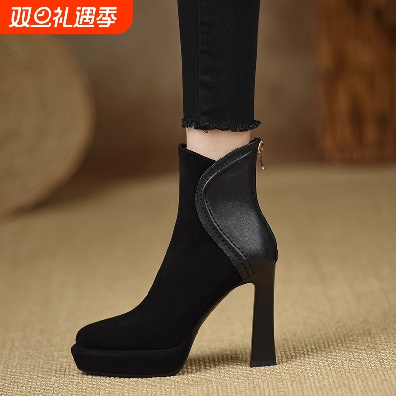 2025冬季小个子防水台高跟鞋粗跟圆头厚底短靴女马丁靴超高跟磨砂