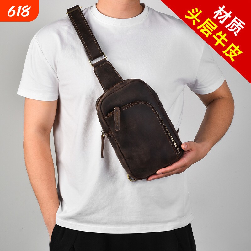 新款纯色真皮男士胸包头层牛皮小背包时尚潮复古休闲胸前包斜挎包