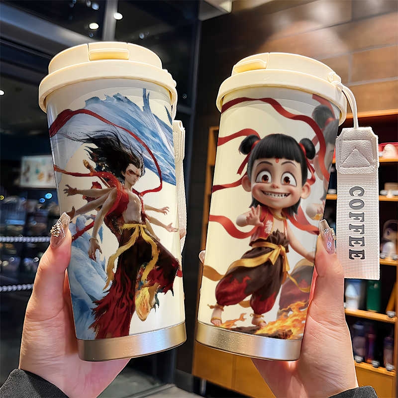 英奈廷食品级儿童保温杯316哪吒水杯可爱男女学生吸管高颜值