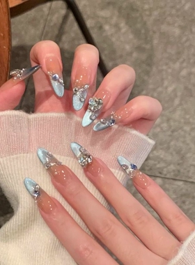 手工美甲穿戴甲水光感法式蓝色猫眼满钻少女心氛围感ins辣妹学生