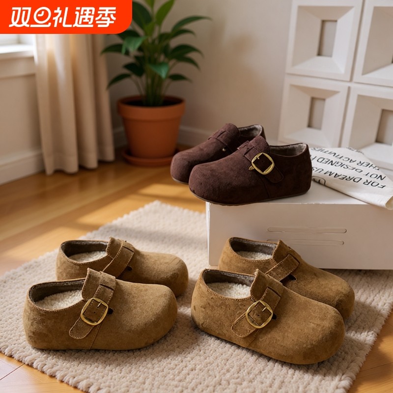 厚底内增高加绒勃肯鞋女2025秋冬新款一脚蹬大头博肯棉鞋咖色毛绒