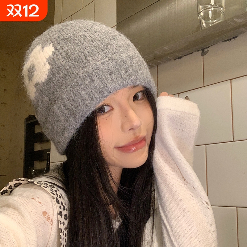 甜美可爱小花针织毛线帽子女秋冬显脸小保暖弹力大头围套头冷帽