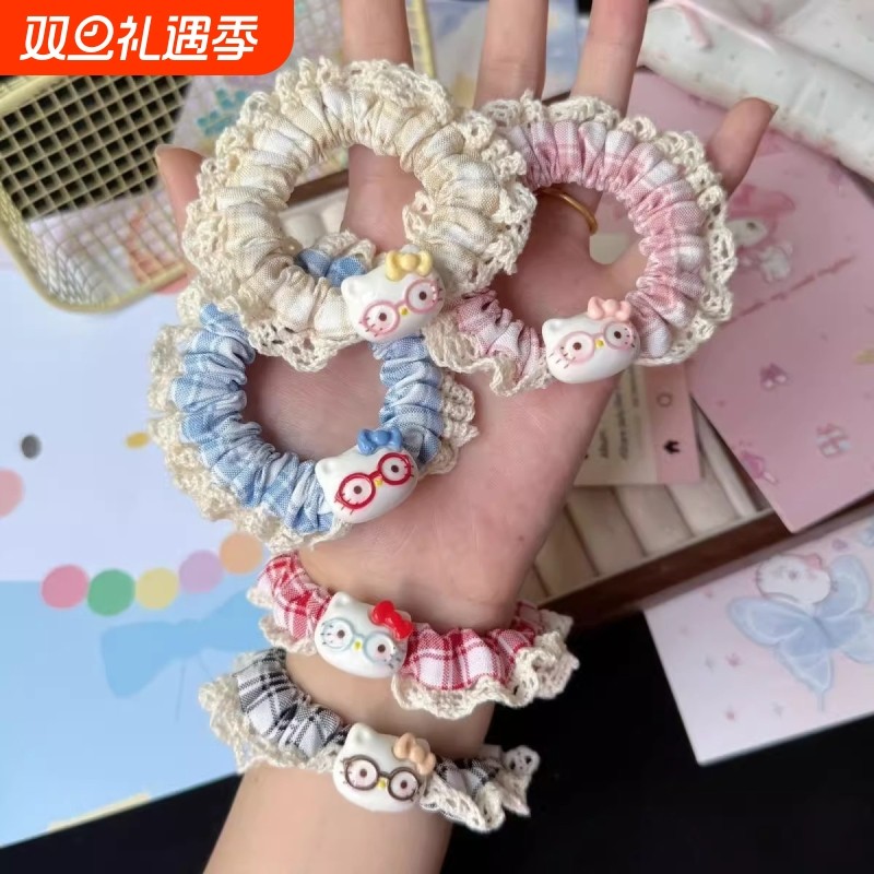 甜美花边眼镜猫咪发圈卡通发绳马尾ins小肠少女可爱蕾丝皮筋头饰