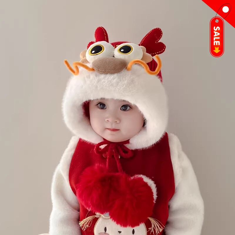 儿童帽子冬季宝宝过年套头帽男女童红色喜庆护耳帽新年醒狮虎头帽